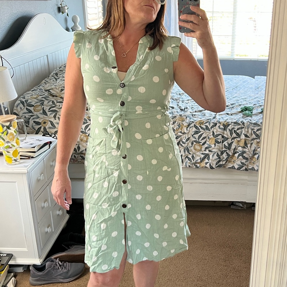 NWOT Monteau Sage Green Dress with White Polka Dots